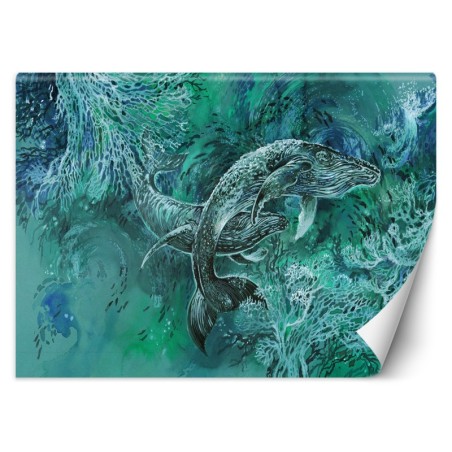 Moderne Fototapete - Ein Paar Wale im Meer Türkis | Feeby