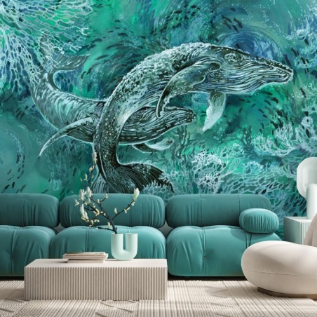 Moderne Fototapete - Ein Paar Wale im Meer Türkis | Feeby