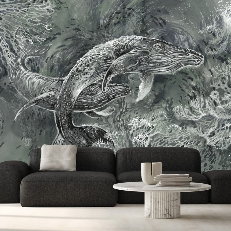 Modische Fototapete - Wale im Meer Grau | Feeby