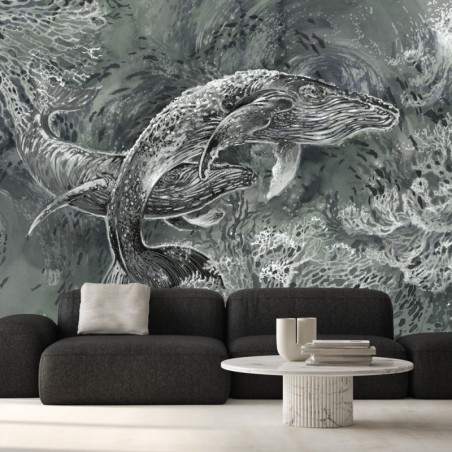 Modische Fototapete - Wale im Meer Grau | Feeby