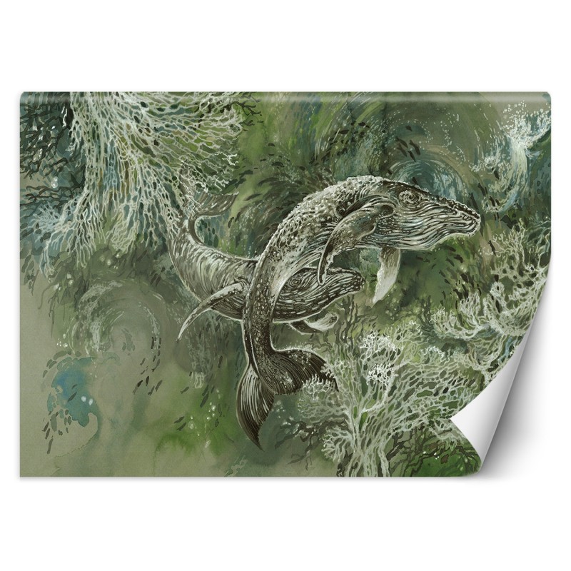 Stilvolle Fototapete - Ein Paar Wale Abstrakt Grün | Feeby