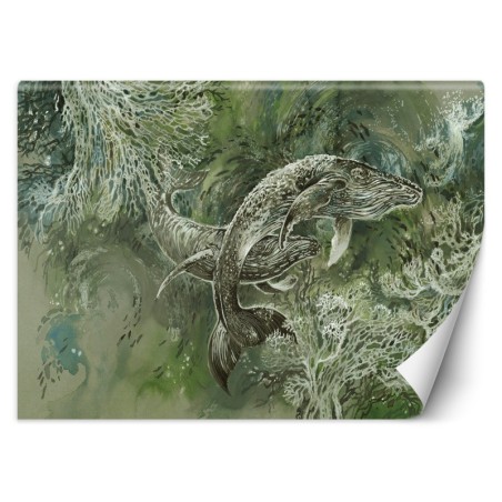 Stilvolle Fototapete - Ein Paar Wale Abstrakt Grün | Feeby