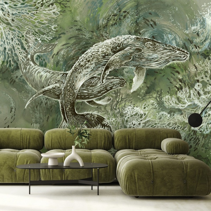 Stilvolle Fototapete - Ein Paar Wale Abstrakt Grün | Feeby