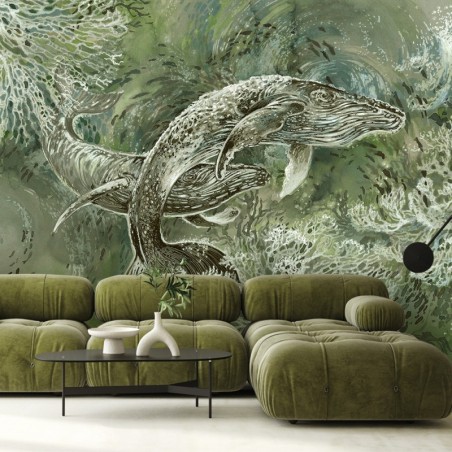 Stilvolle Fototapete - Ein Paar Wale Abstrakt Grün | Feeby