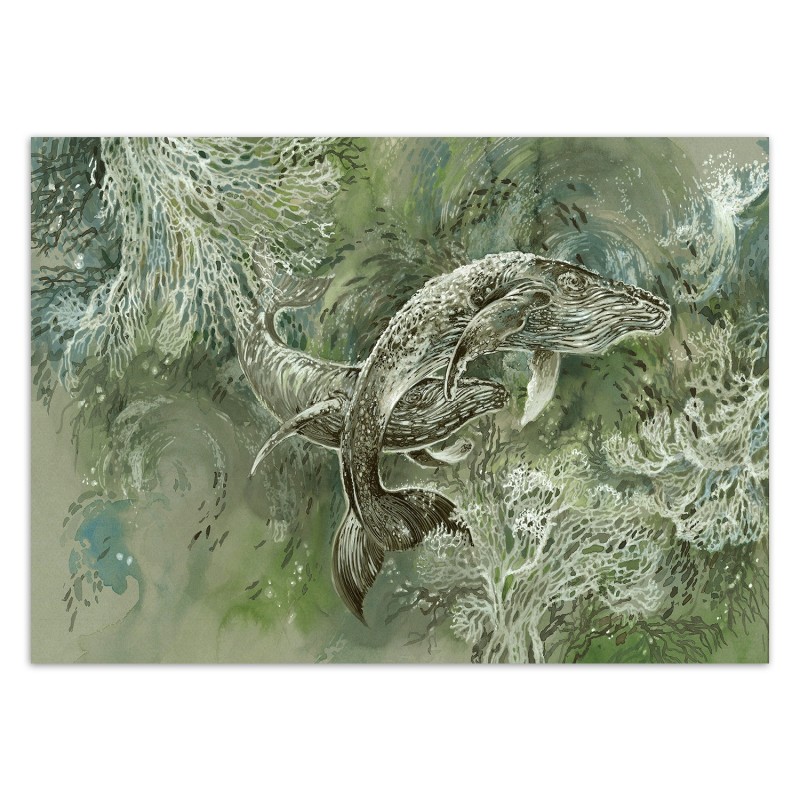 Stilvolle Fototapete - Ein Paar Wale Abstrakt Grün | Feeby