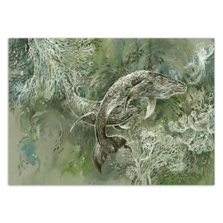 Stilvolle Fototapete - Ein Paar Wale Abstrakt Grün | Feeby