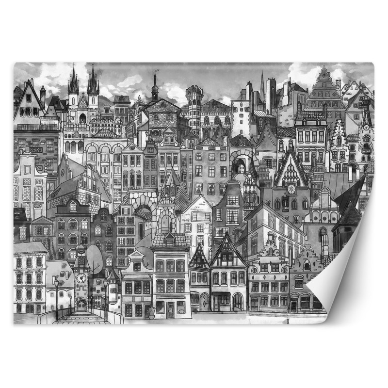 Fototapete - Bunte Stadt Architektur schwarz-weiß | Feeby