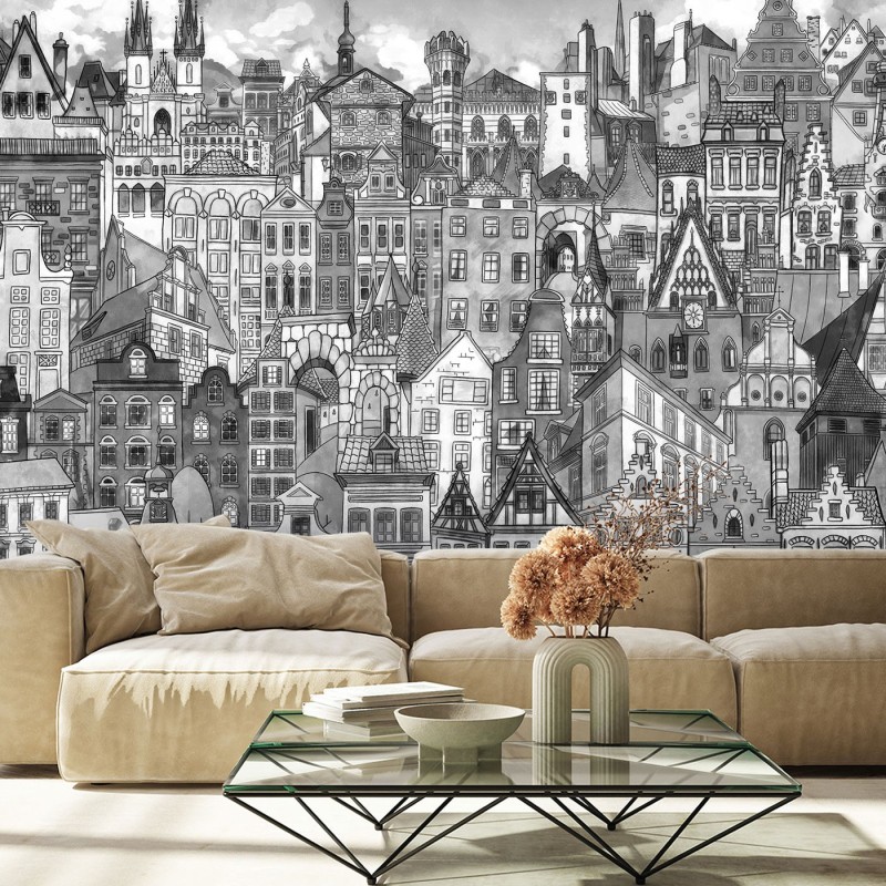 Fototapete - Bunte Stadt Architektur schwarz-weiß | Feeby