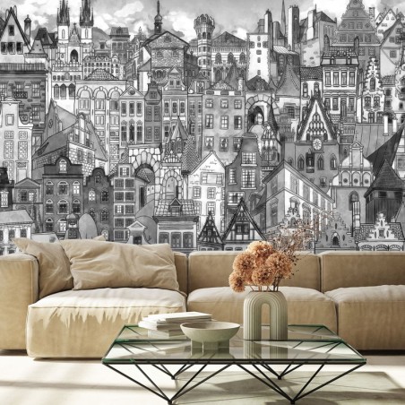 Fototapete - Bunte Stadt Architektur schwarz-weiß | Feeby