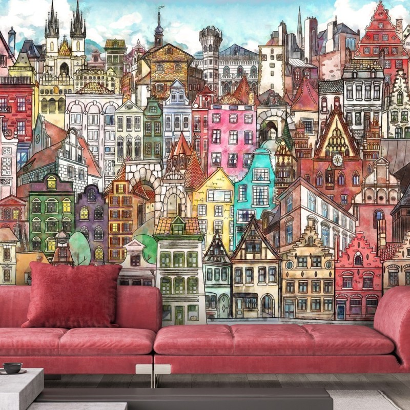 Fototapete - Bunte Stadt Architektur Landschaft | Feeby