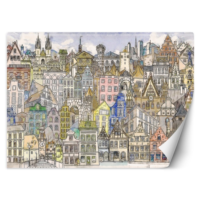 Fototapete - Aquarell Bunte Stadt Architektur | Feeby