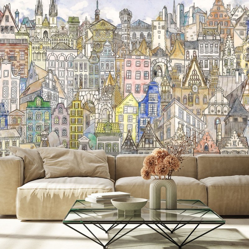 Fototapete - Aquarell Bunte Stadt Architektur | Feeby