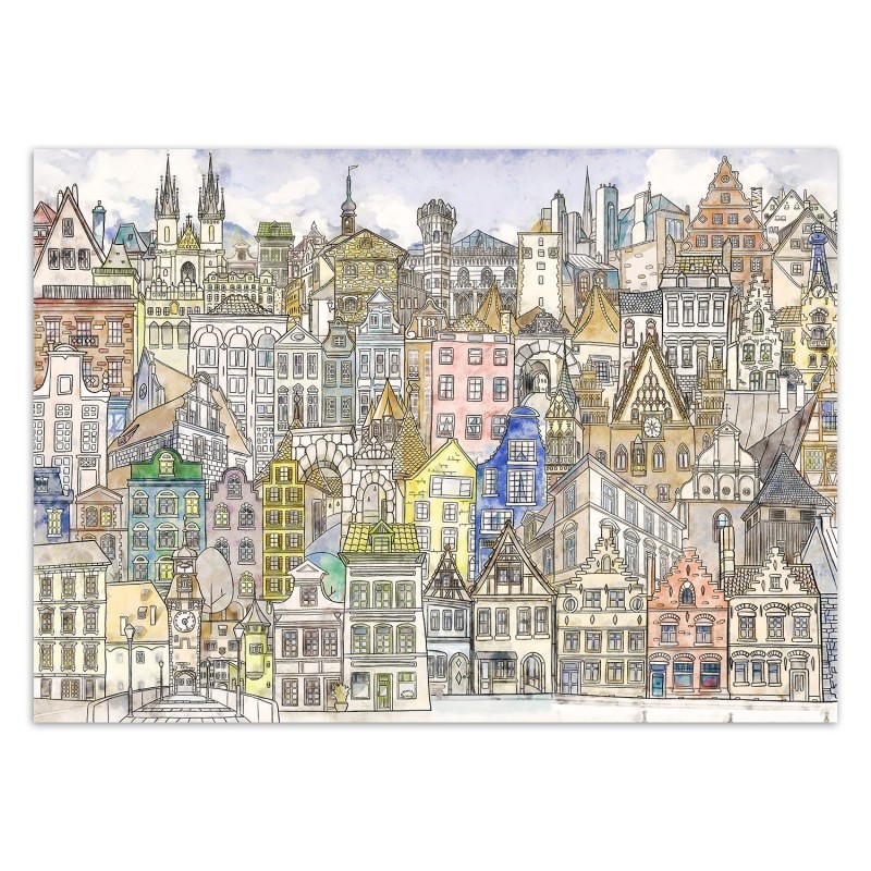 Fototapete - Aquarell Bunte Stadt Architektur | Feeby