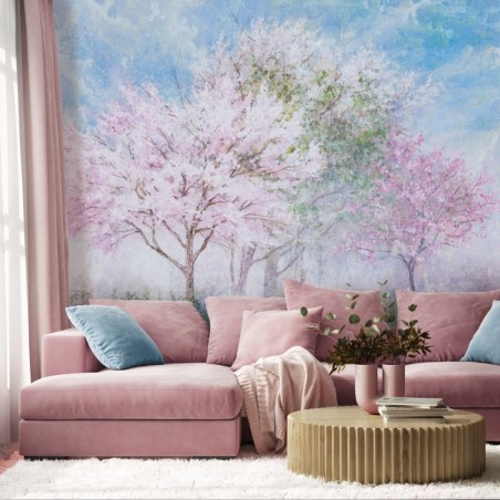 Fototapete - Bäume auf einer Wiese Aquarell wie gemalt | Feeby