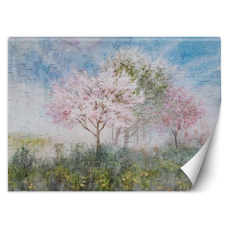 Fototapete - Ein blühender Baum in der alten Wiese | Feeby