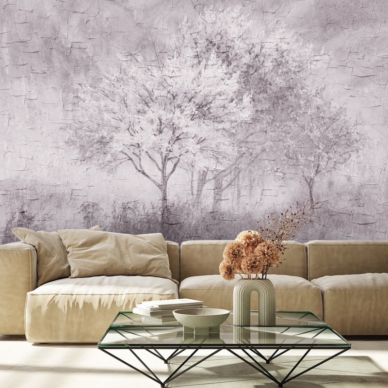 Fototapete - Ein blühender Baum in der Wiese Aquarell | Feeby