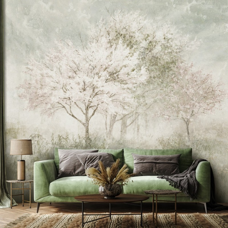 Moderne Fototapete - Ein blühender Baum in der Wiese | Feeby