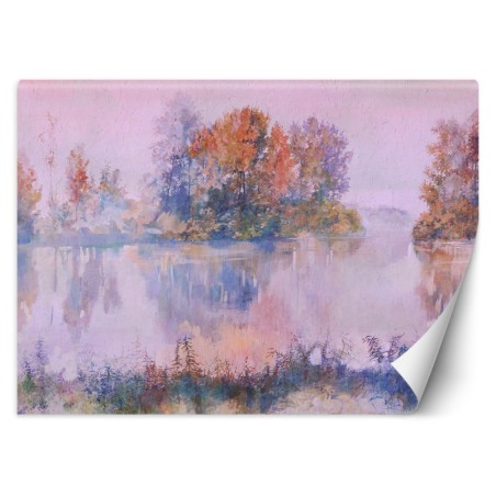 Fototapete - Baum See im Nebel Aquarell Rosa | Feeby