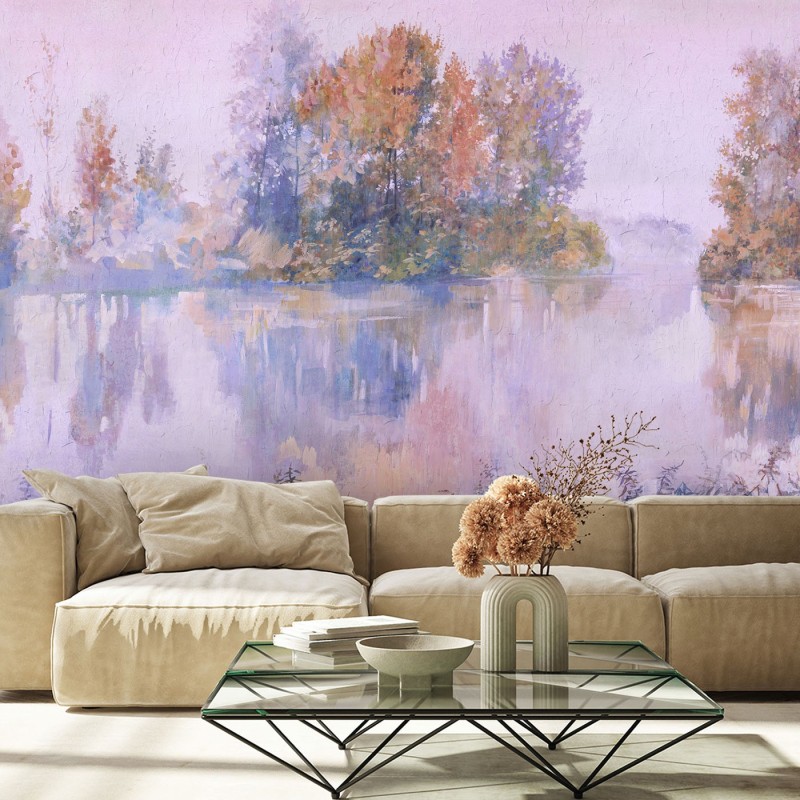 Fototapete - Baum See im Nebel Aquarell Rosa | Feeby