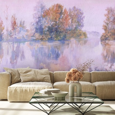 Fototapete - Baum See im Nebel Aquarell Rosa | Feeby