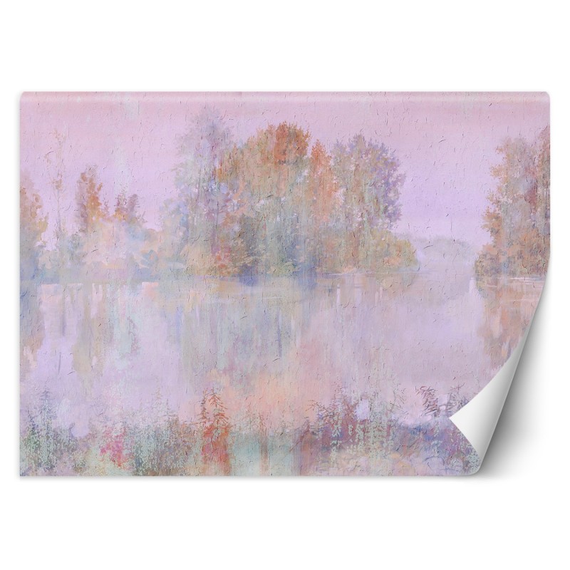 Moderne Fototapete - Baum See im Nebel Aquarell Rosa | Feeby