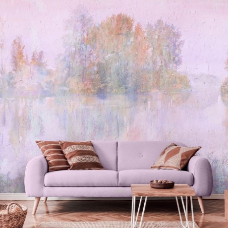 Moderne Fototapete - Baum See im Nebel Aquarell Rosa | Feeby