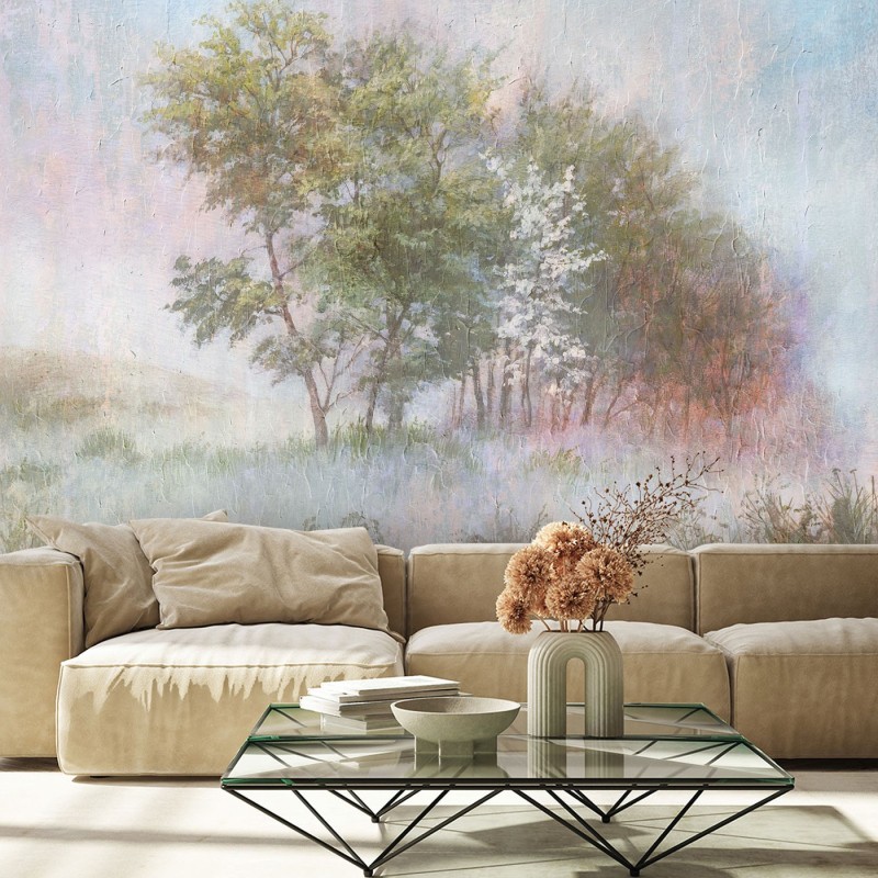 Fototapete - Bäume auf einer nebligen Wiese | Feeby