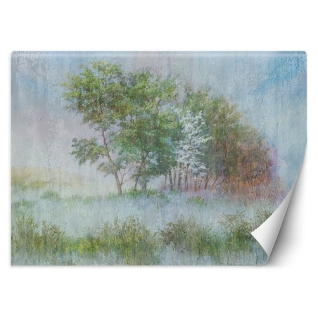 Fototapete - Bäume im Nebel Natur Aquarell Wiese | Feeby