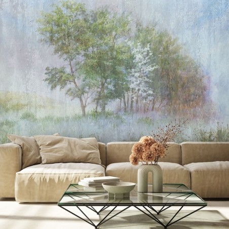 Fototapete - Bäume im Nebel Natur Aquarell Wiese | Feeby