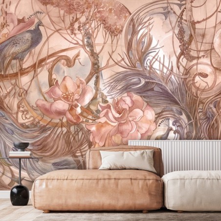 Fototapete - Tropische Dschungel Pfau Palmen Blätter Rosa | Feeby