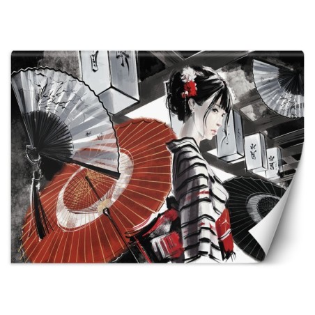 Fototapete - Geisha Fan Handgemalt Rot Grau | Feeby