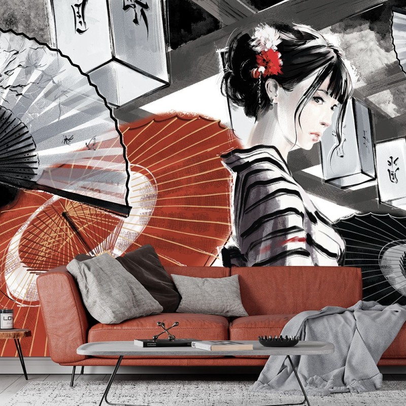 Fototapete - Geisha Fan Handgemalt Rot Grau | Feeby