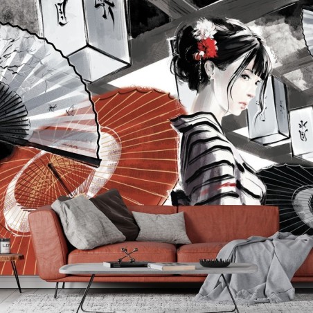 Fototapete - Geisha Fan Handgemalt Rot Grau | Feeby