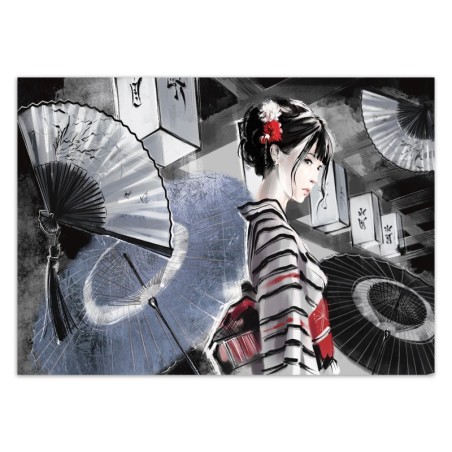 Fototapete - Japanische Geisha Fan Vintage Blau Grau | Feeby