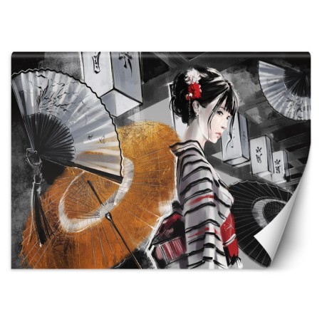 Modische Fototapete - Geisha mit einem Fan Gelb | Feeby