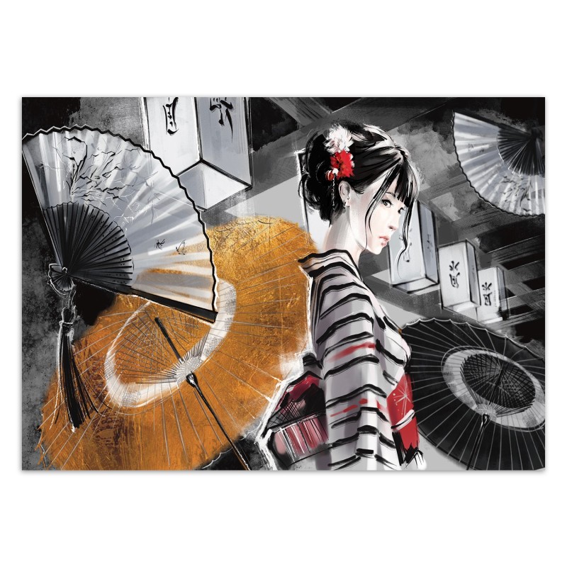 Modische Fototapete - Geisha mit einem Fan Gelb | Feeby