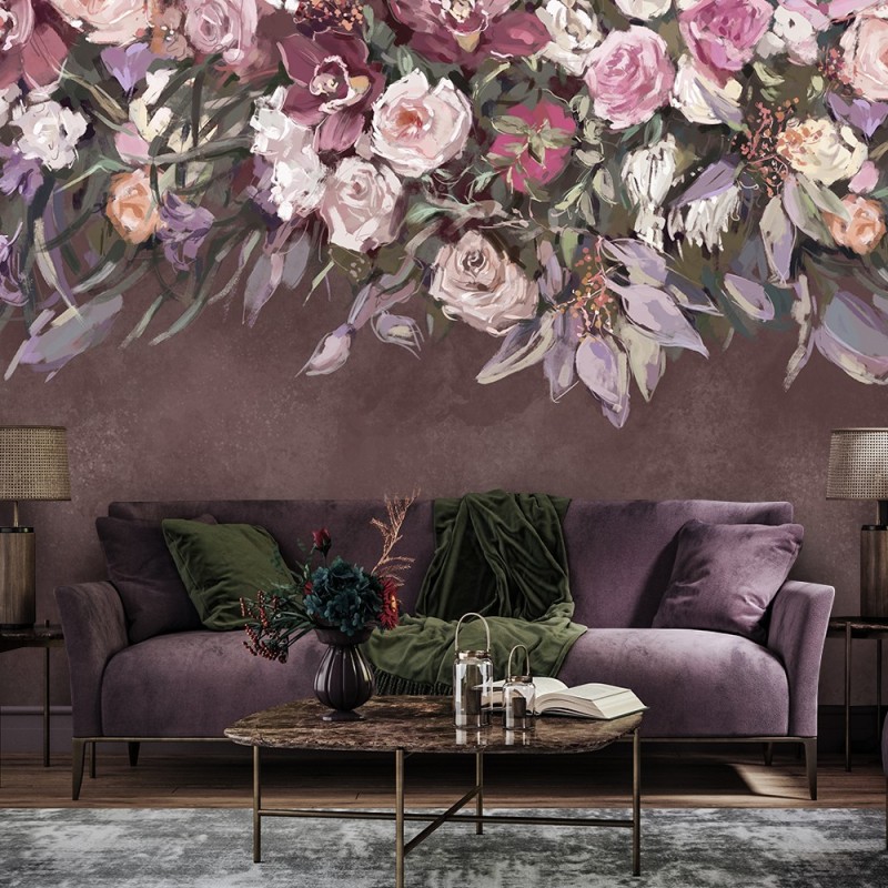 Fototapete - Blumen Hängeblumenstrauß Beton Braun | Feeby