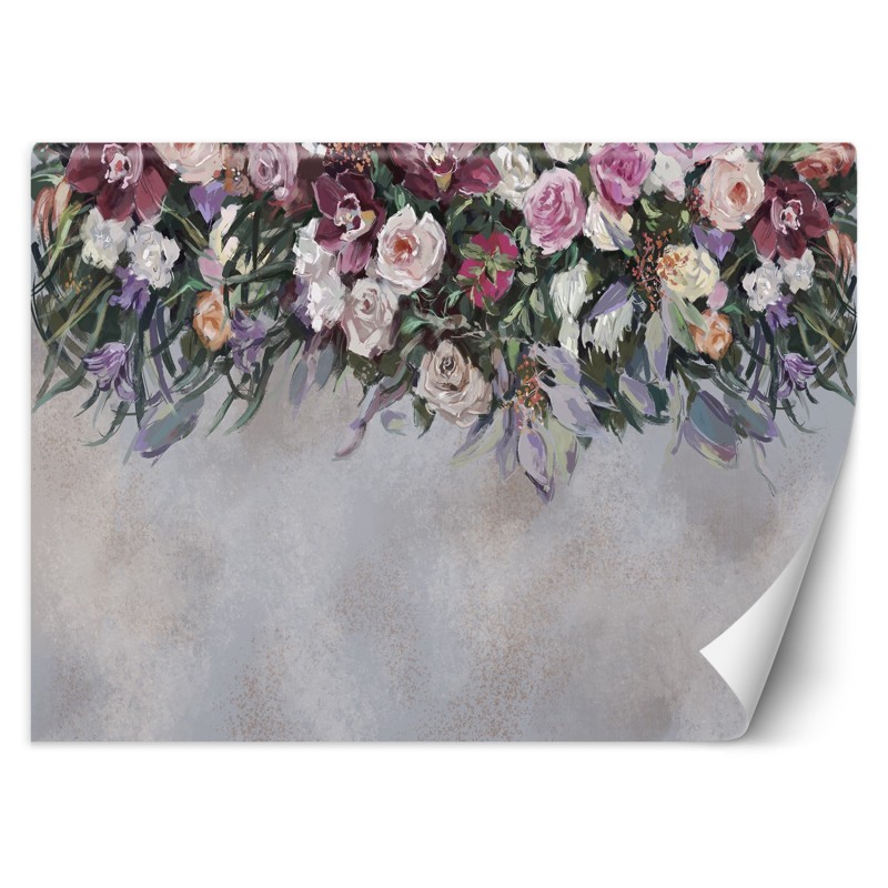 Fototapete - Hängende Bunte Blumen Beton Grau | Feeby