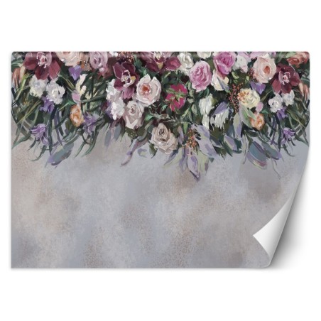 Fototapete - Hängende Bunte Blumen Beton Grau | Feeby