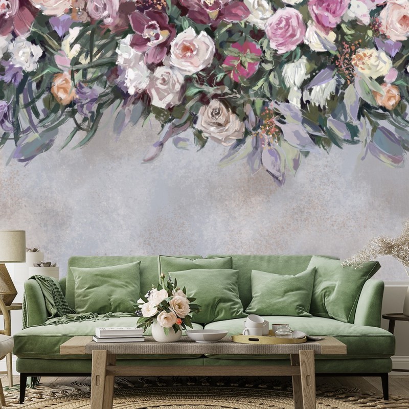 Fototapete - Hängende Bunte Blumen Beton Grau | Feeby