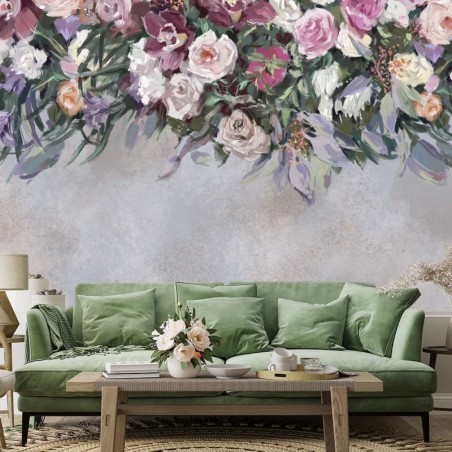 Fototapete - Hängende Bunte Blumen Beton Grau | Feeby