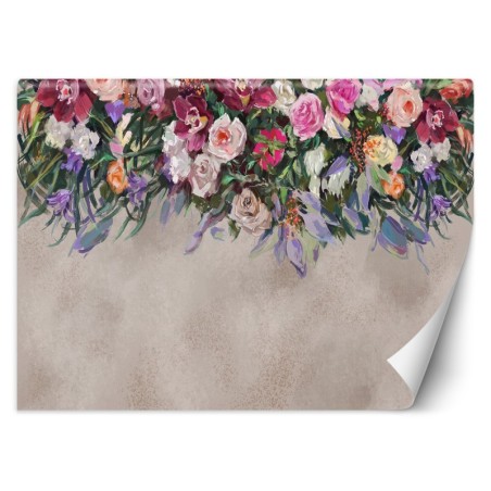 Fototapete - Hängende Bunte Blumen Betonoptik | Feeby