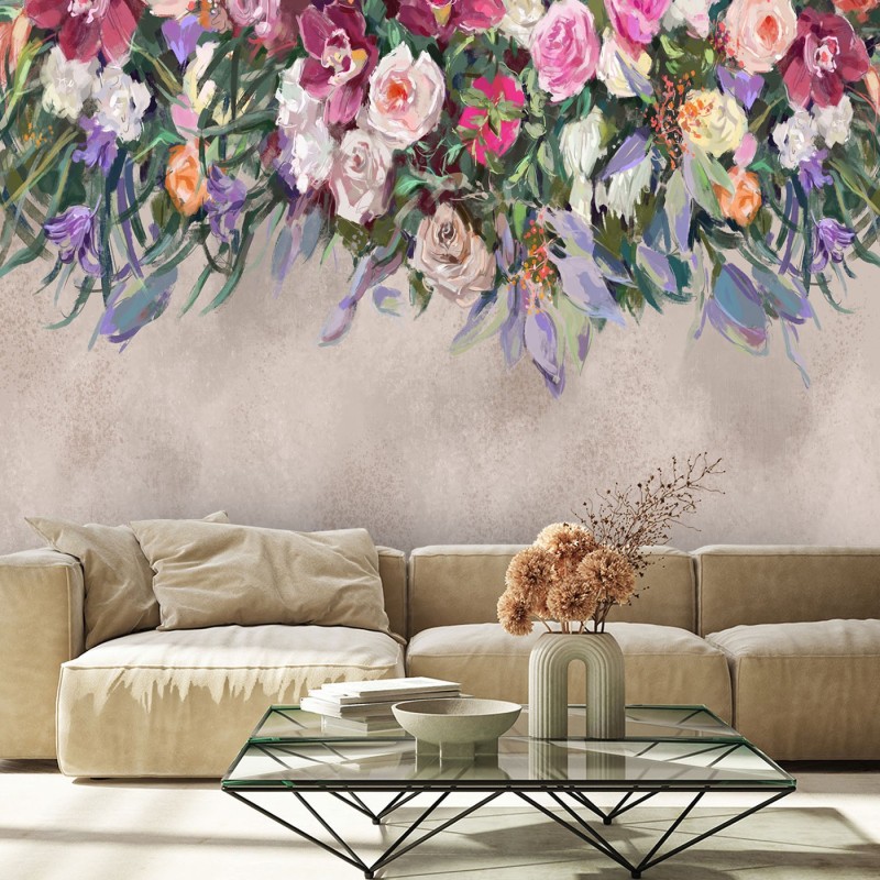 Fototapete - Hängende Bunte Blumen Betonoptik | Feeby