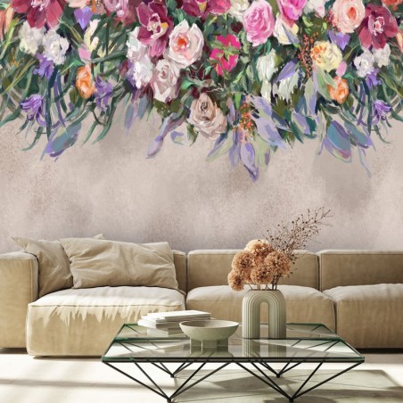 Fototapete - Hängende Bunte Blumen Betonoptik | Feeby