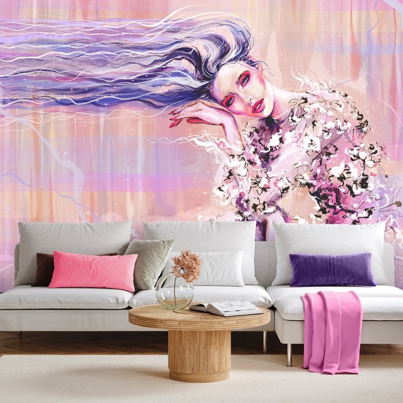 Fototapete - Eine Frau mit langen Haaren Rosa Lila | Feeby