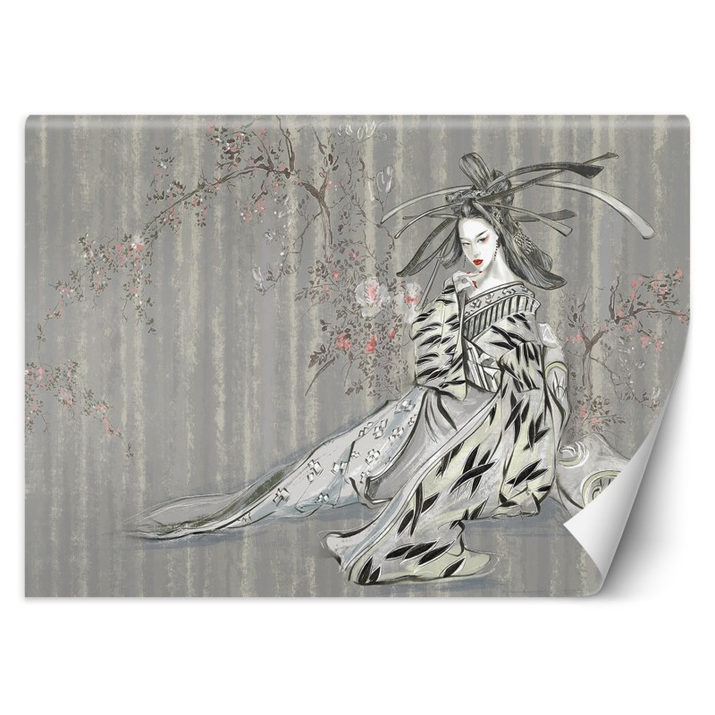 Fototapete - Geisha Vintage Asien Frau Blau | Feeby