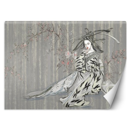 Fototapete - Geisha Vintage Asien Frau Blau | Feeby