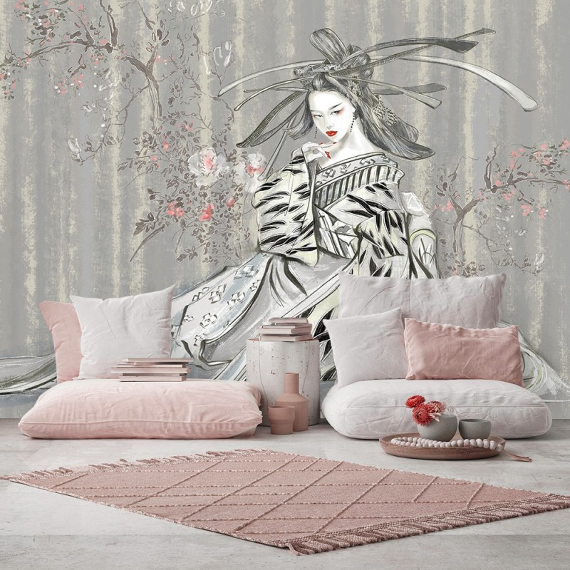 Fototapete - Geisha Vintage Asien Frau Blau | Feeby