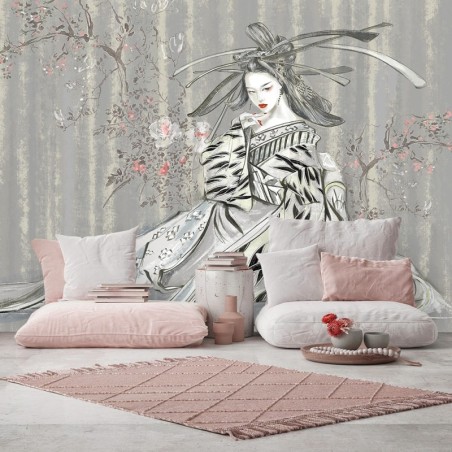 Fototapete - Geisha Vintage Asien Frau Blau | Feeby