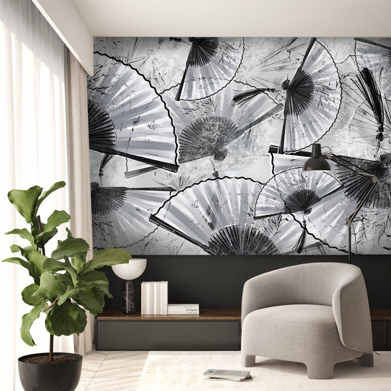 Modische Fototapete - Japanische Fans Beton Grau | Feeby